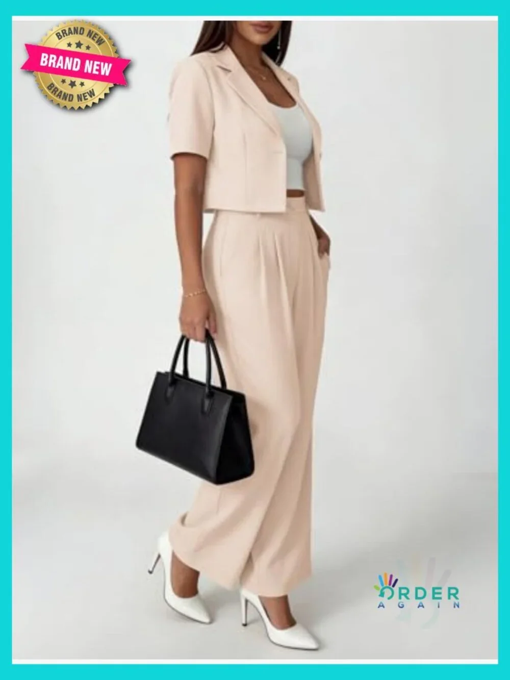 Cropped Blazer Wide Leg Pants Set Business Casual Office Outfit Polyester